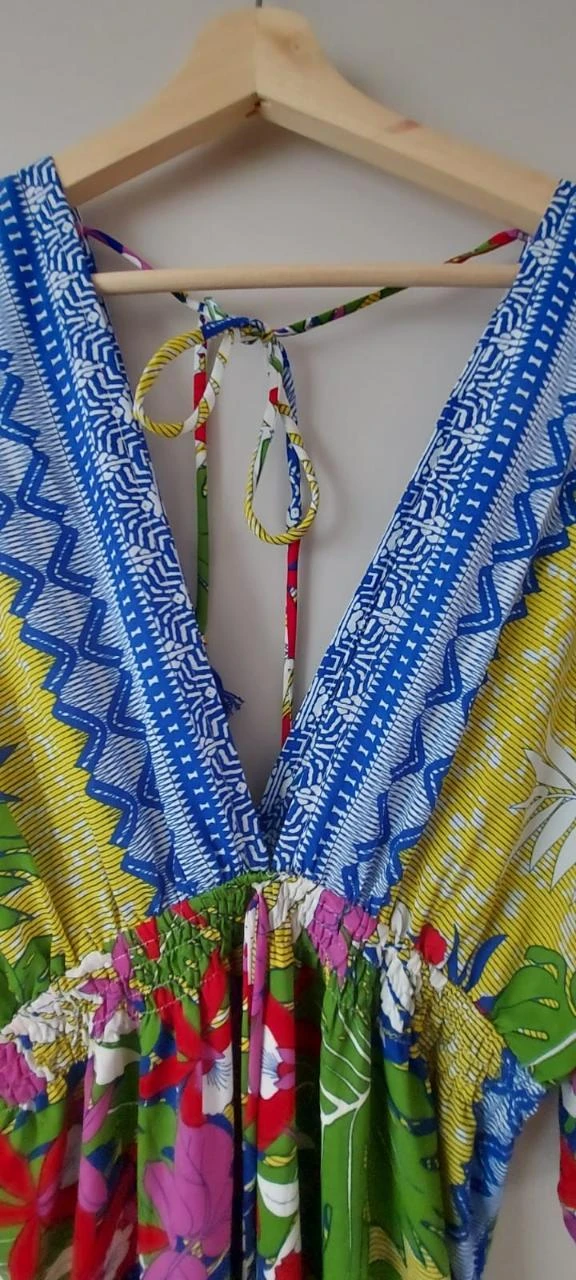 Vestido caftano colorido con estampado tropical, talla 42 – photo 2